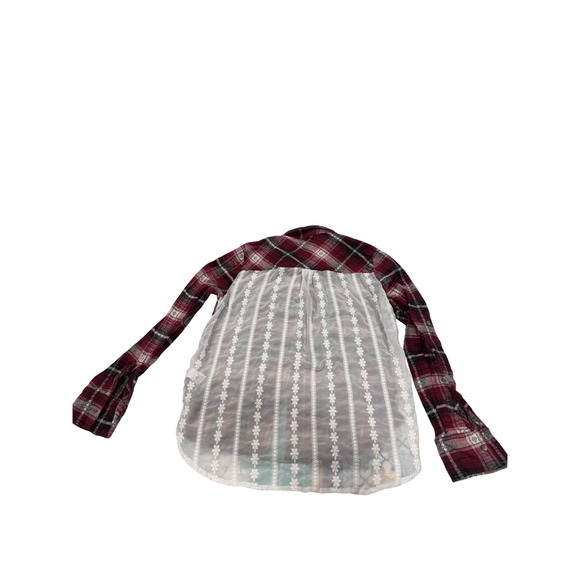 Maddie Red Plaid Flannel Button Down Shirt Lace Back Floral Embroidered Womens S - Picture 6 of 8